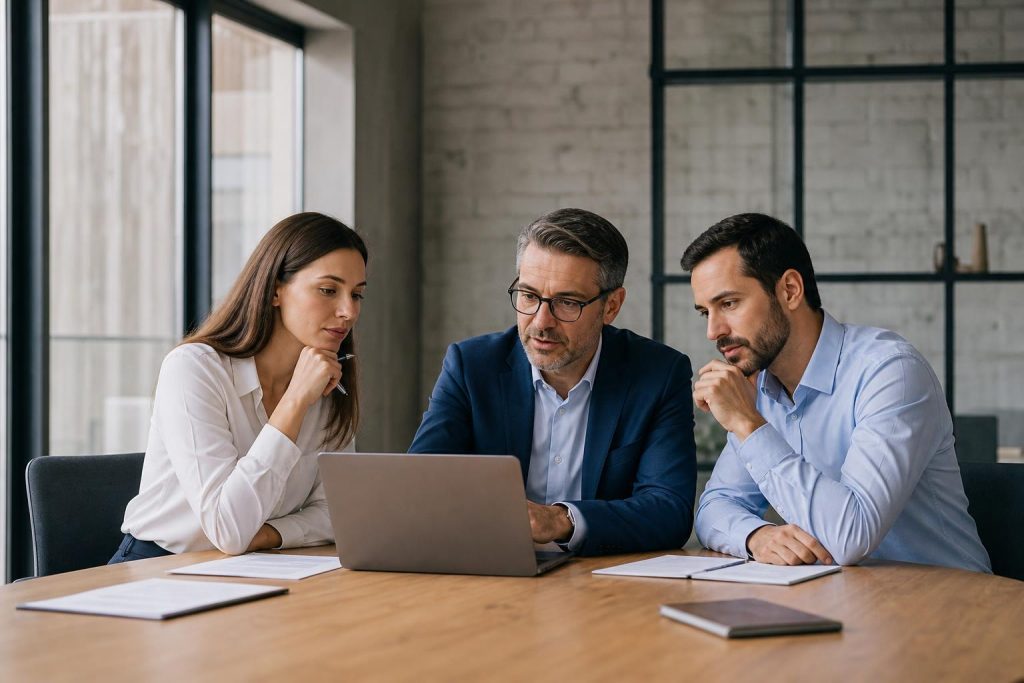 Three professionals in business attire sit at a wooden table, focused on a laptop screen in a modern office with large windows.