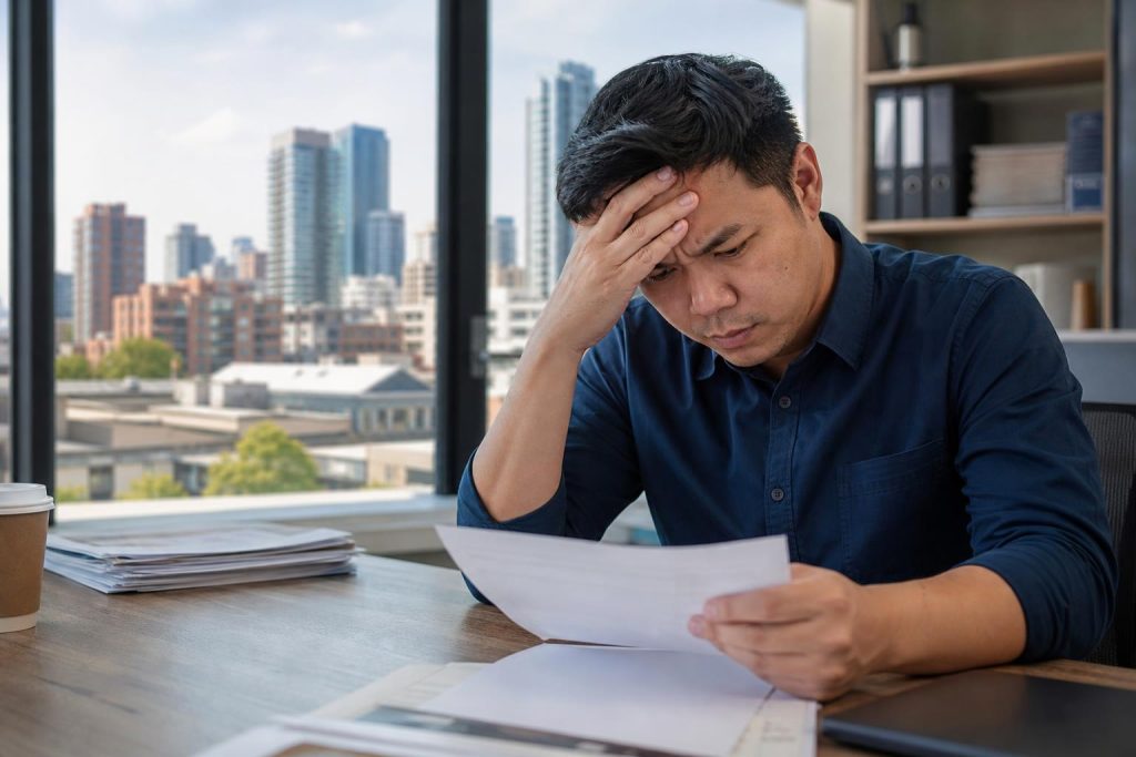 Stressed man in a blue shirt holding his head while reviewing paperwork at a desk with a Seattle city skyline in the background.