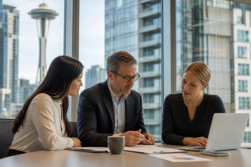 Three business professionals review financial documents in a high-rise Seattle office with the Space Needle visible through the window.