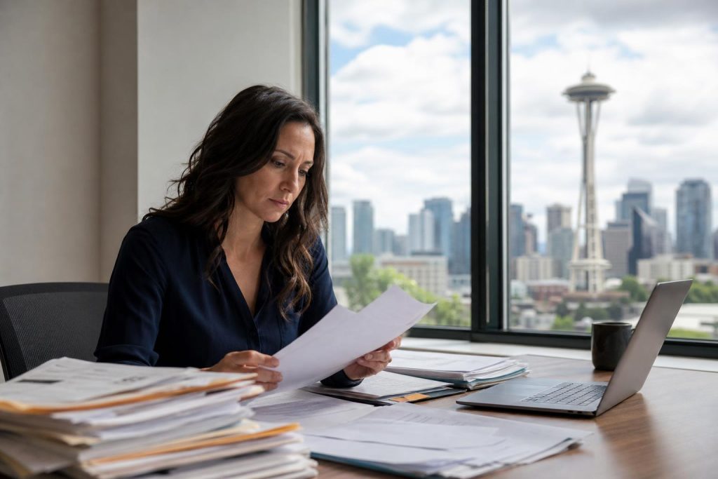 Professional woman reviewing invoices at a desk with a laptop, overlooking the Seattle skyline and Space Needle through a large window.