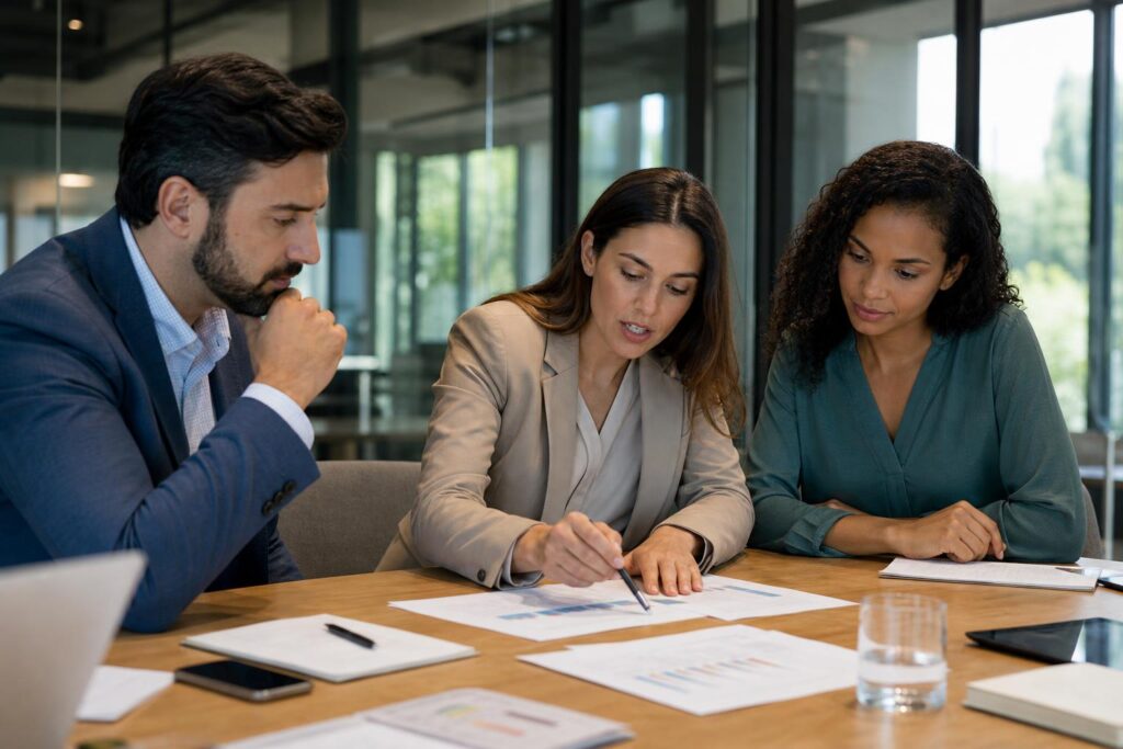 Three diverse professionals in business attire review financial charts and documents together at a wooden conference table in a modern office.