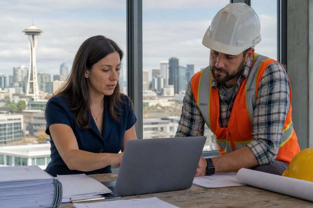 Professional woman and construction worker in a safety vest review a laptop in a Seattle office overlooking the Space Needle and city skyline.