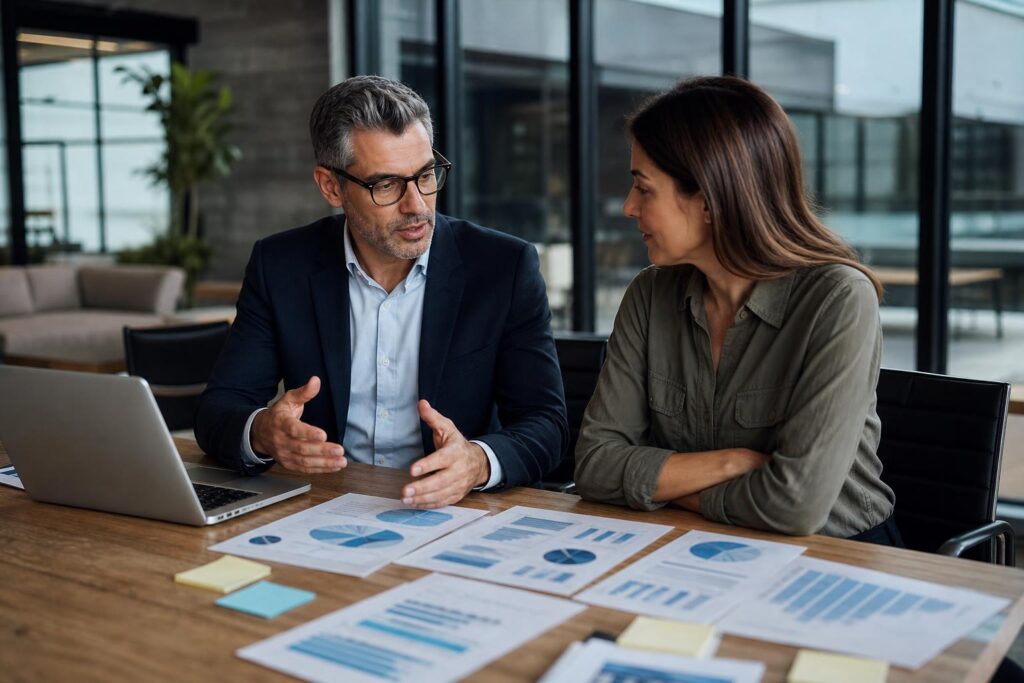 Professional man in a suit explaining financial charts and data to a woman at a wooden desk in a modern office.