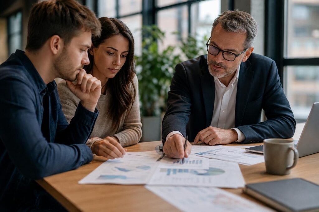 Professional advisor in a suit pointing to financial charts on a desk while a young couple looks on intently in a bright office.